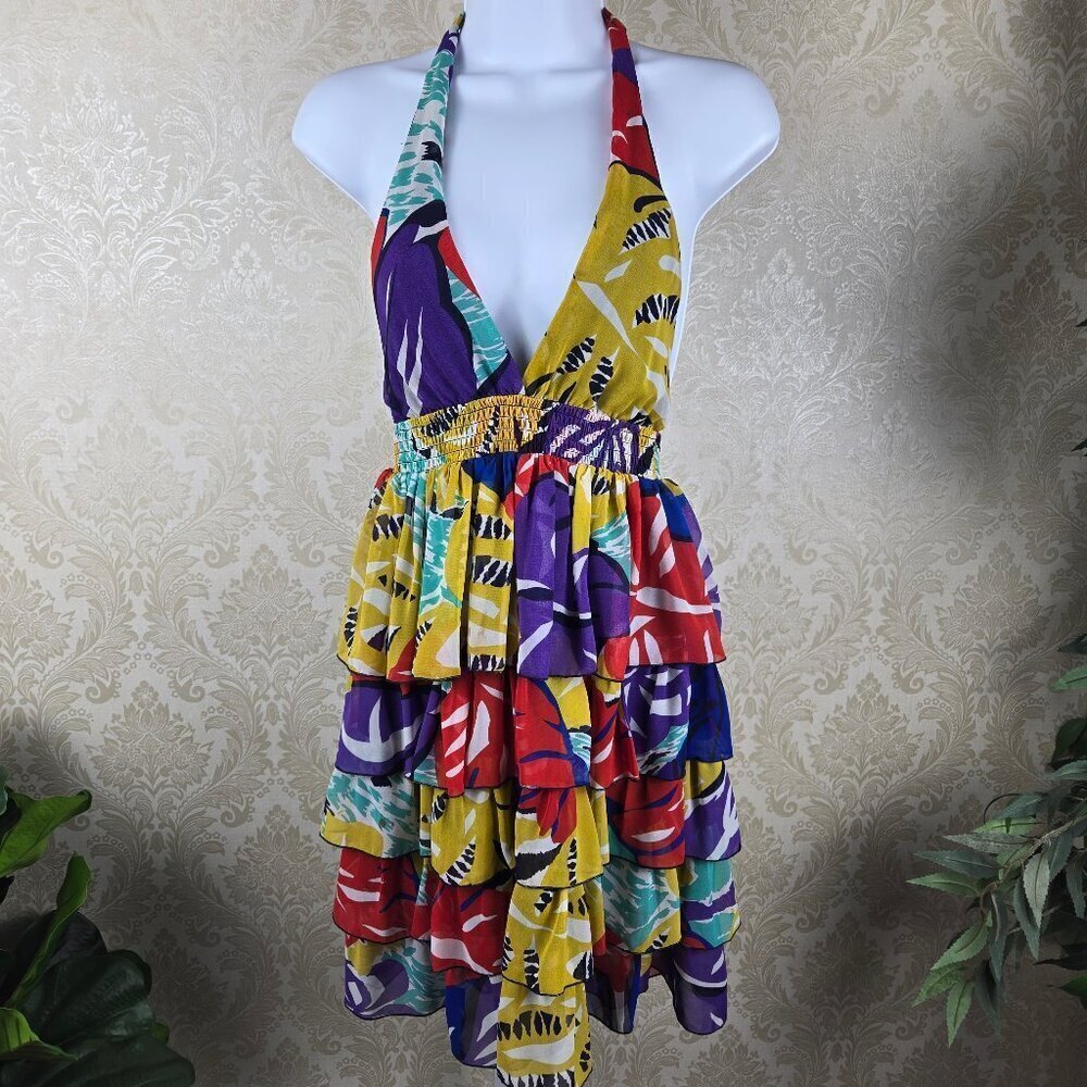 Arden B. Size Small Colorful Backless Halter Dress Ruffled Skirt Tie Neck NWT